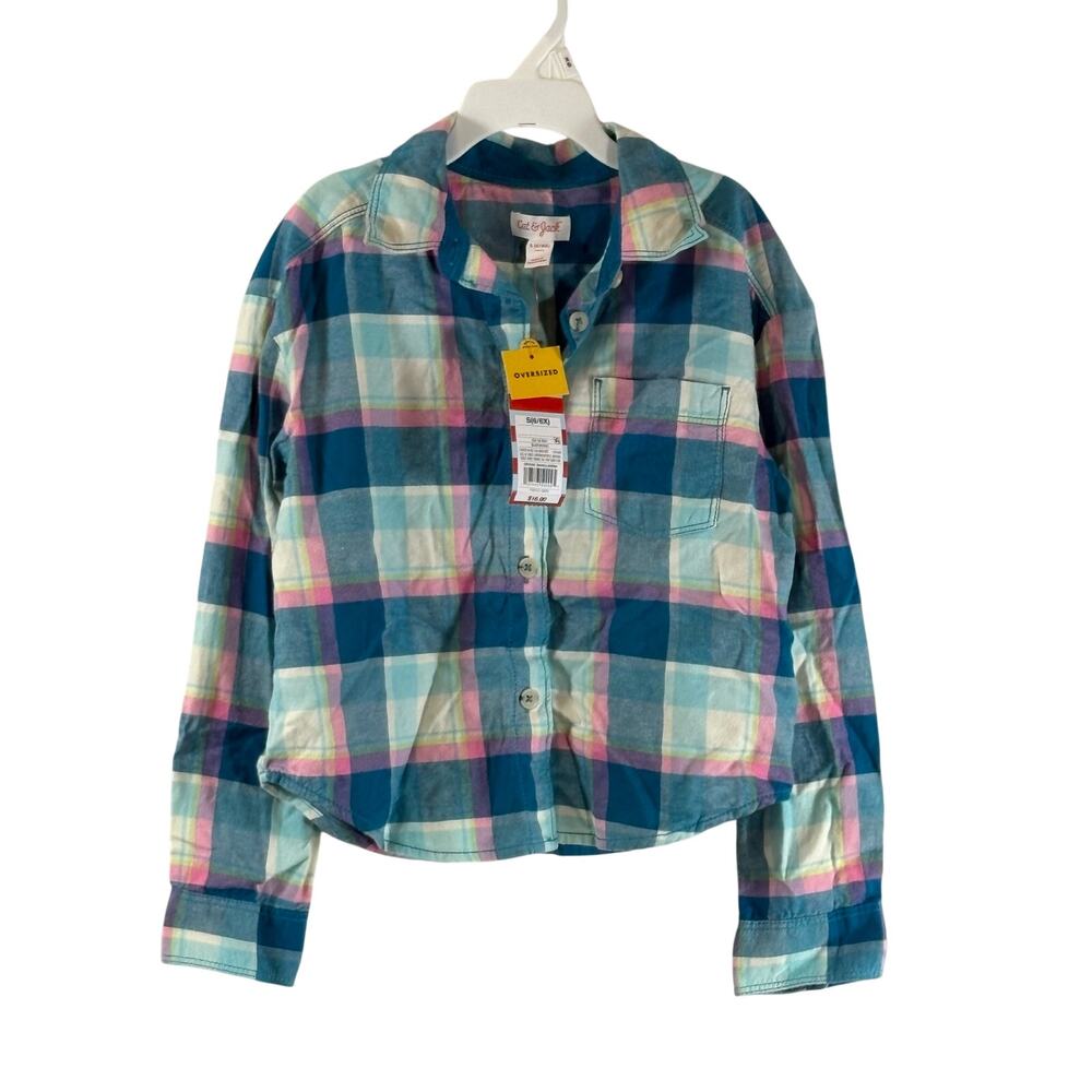 Cat & Jack Girls Long Sleeve Button-Down Shirt, Blue Plaid, Sz S (6/6X), NWT